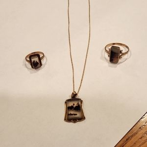 3 Piece 14 Karat Gold Agate Stone Jewelry Set - 2 Rings & 1 Necklace - Matching